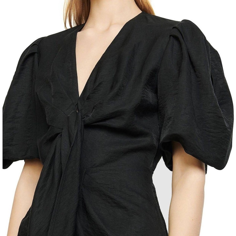 SANDRO Black Linen Tie Front Puff Sleeve Wrap Skirt Bloane Blum Midi Dress S - Picture 9 of 17